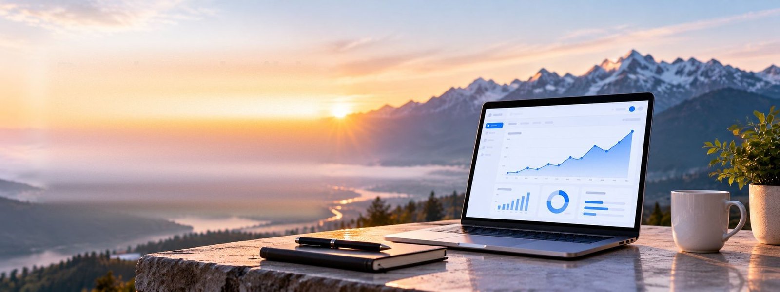 A laptop with a growth dashboard on a stone ledge overlooking mountains at sunrise