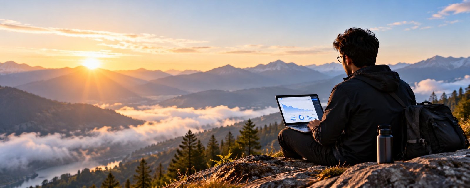 A professional working on a laptop on a mountainside at sunrise