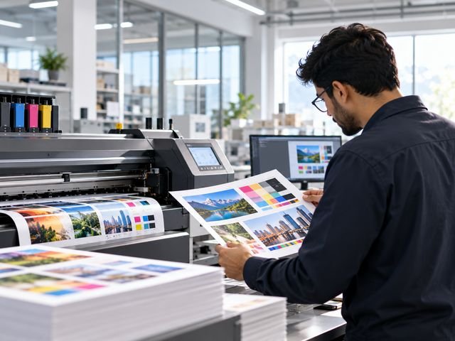 A print specialist checking colour proofs next to a large-format printer