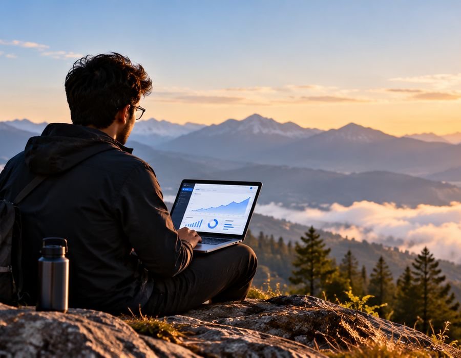 Working remotely on a laptop with a sunrise mountain view