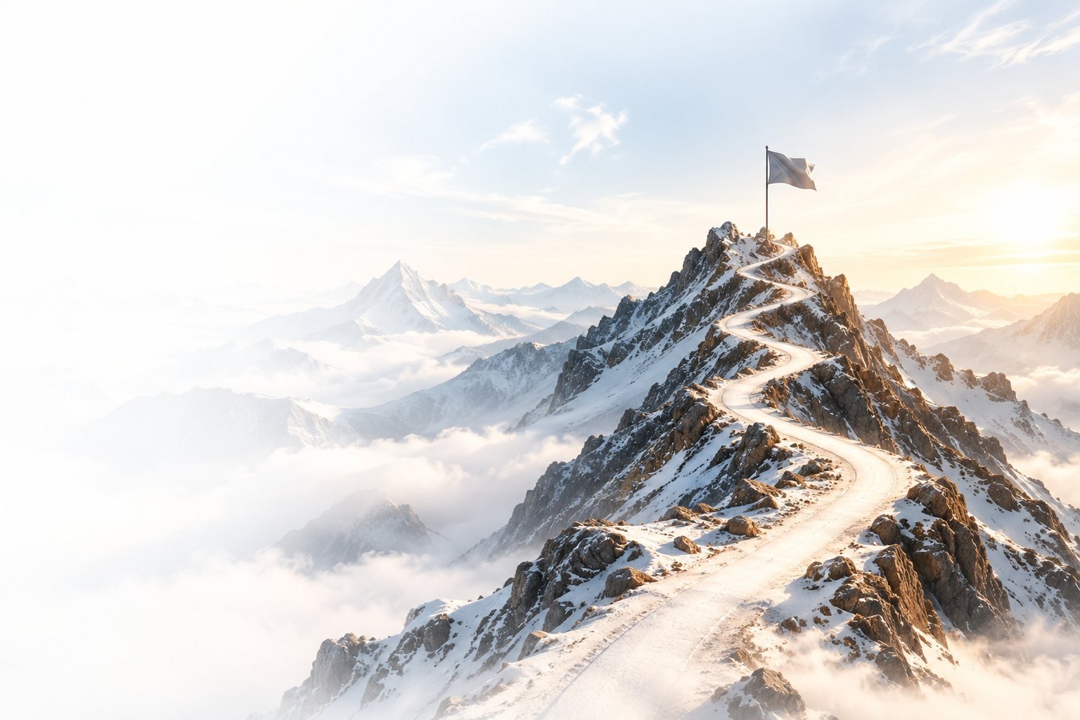 A winding mountain path leading to a flag marked Business Growth