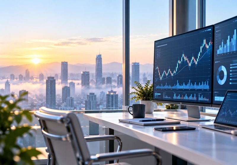 Trading screens with financial charts overlooking a city at sunrise