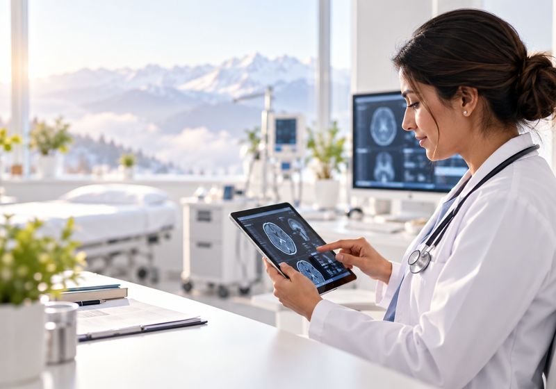 A doctor reviewing a brain scan on a tablet in a bright clinic