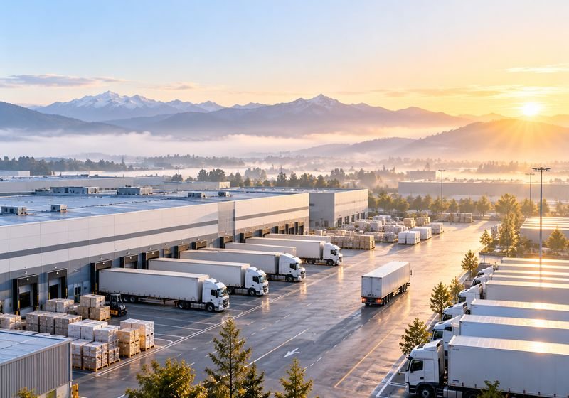 Trucks lined up at a logistics hub at sunrise