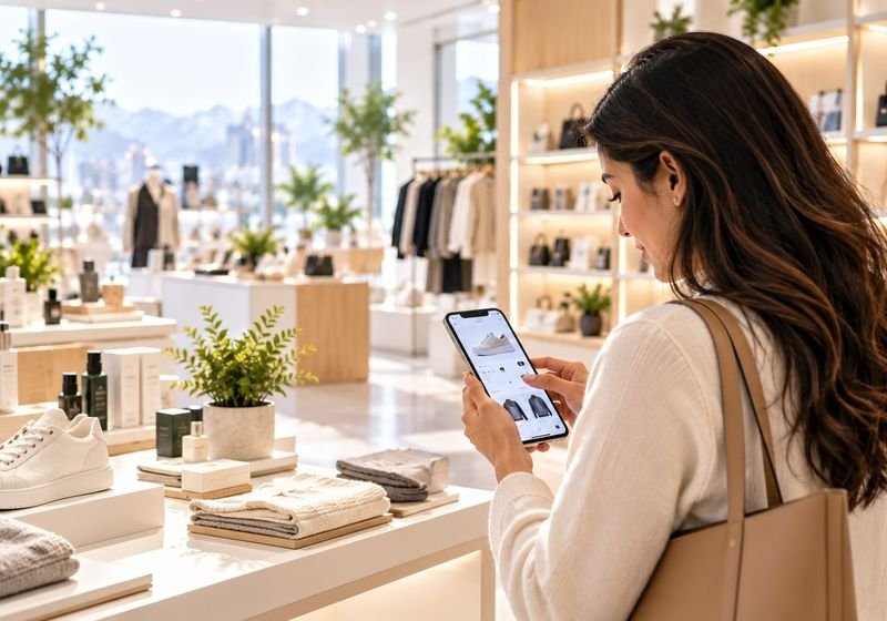 A shopper browsing products on her phone in a modern boutique