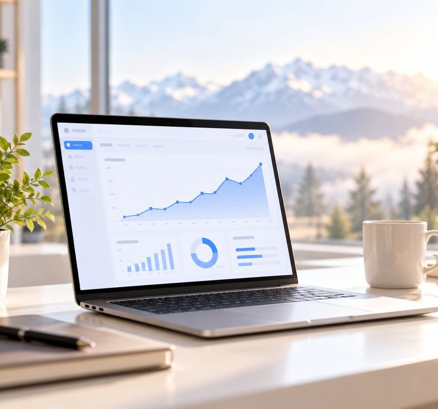 A laptop showing a rising analytics chart on a desk with mountain views