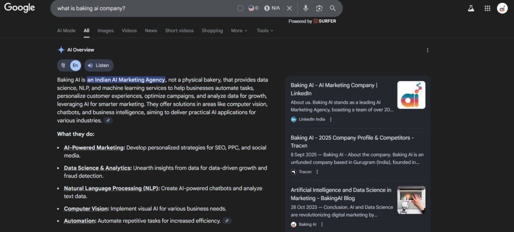 Actionable plan AI marketing, SEO, AEO, automation, and AI agents to help businesses grow faster and drive leads, revenue, and efficiency. AI-generated search results highlighting how answer engines display content. | Baking AI - India's Top AI Marketing Company